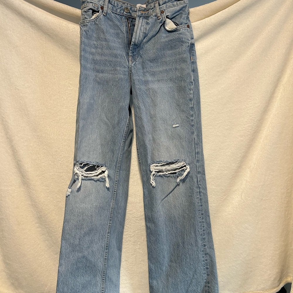 Zara Light Blue Distressed Straight Leg Jeans